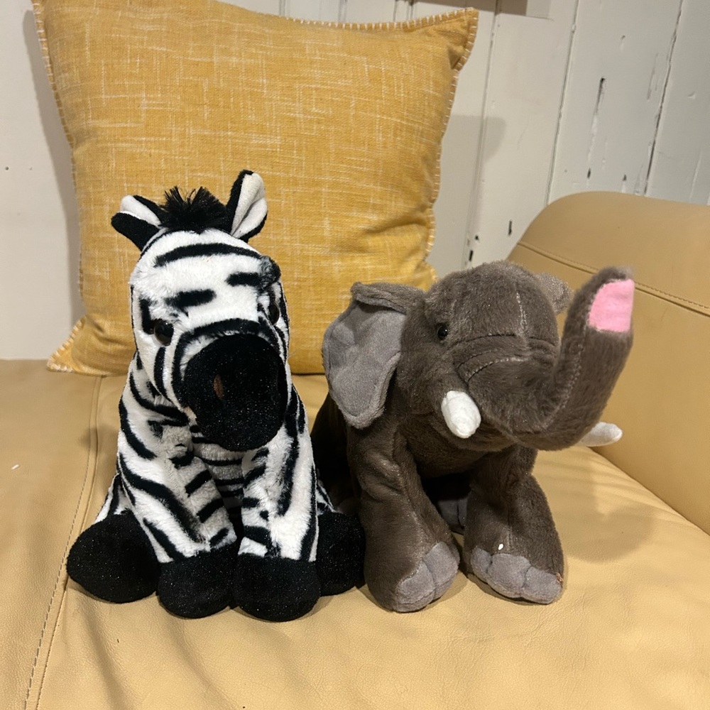 Lot of 2 Zebra and Gray Elephant Adorable Plush Toys, Stuffed Animals 12"